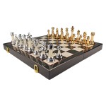 Gilded ebony and bordered marble patterned chess set