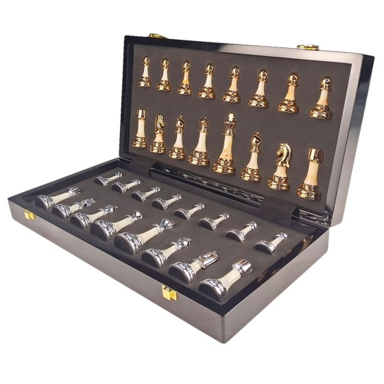 Gilded ebony and bordered marble patterned chess set