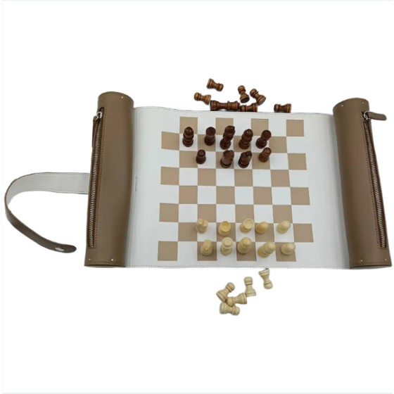 Brown dual axis leather roll chess set