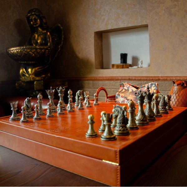 Luxury Leather Chess Set with Storage Box - Alloy Plated Silver Pieces, 420mm Premium Chess Board