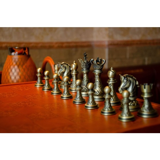 Luxury Leather Chess Set with Storage Box - Alloy Plated Silver Pieces, 420mm Premium Chess Board